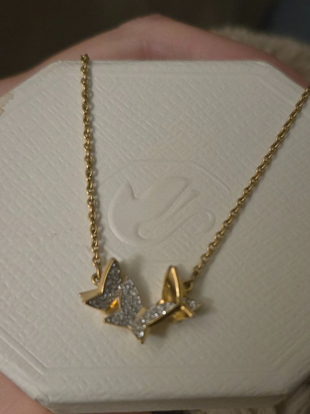 Swarovski Gold Tone Double Butterfly Crystal Necklace